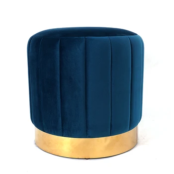 HStex French Custom Luxury Sofa Set Designs Antique Furniture Blue Velvet Round Shape Foot Stool Ottoman Pouf with Wooden Legs