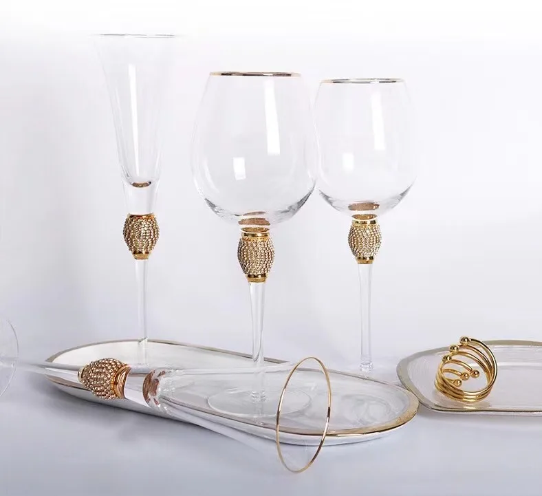 Customizable Wedding Wine Glasses Rhinestone Diamond Gold Rim Modern  Toasting Long Stem Crystal Glass