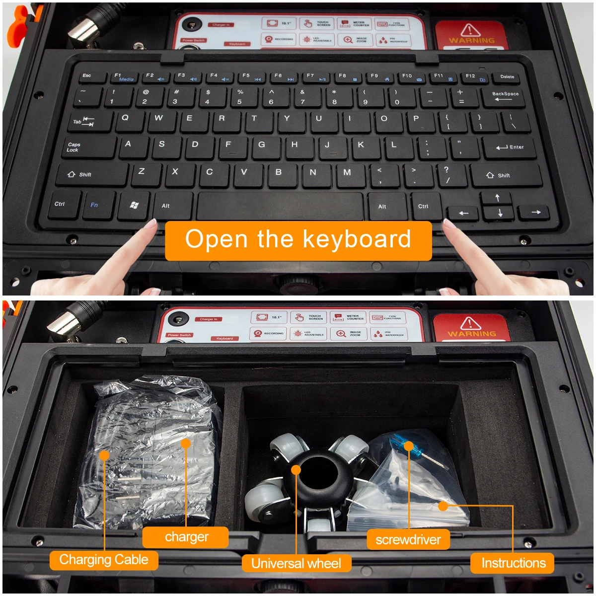 Sewer Camera 10.1Inch HD1080P Touch Screen 512Hz Sonde/Transmitter Pipe Inspection Camera 16GB Card Video&Audio Recording&Meter Counter