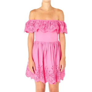 Lady Casual Dress Off the Shoulder Short Sleeve Tiered Eyelet Lace Slim Elegant Mini Women's Dresses