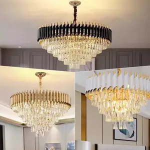 Round Indoor Luxury Ceiling Chandelier Black Gold LED Home Modern Crystal Chandeliers Pendant Lights