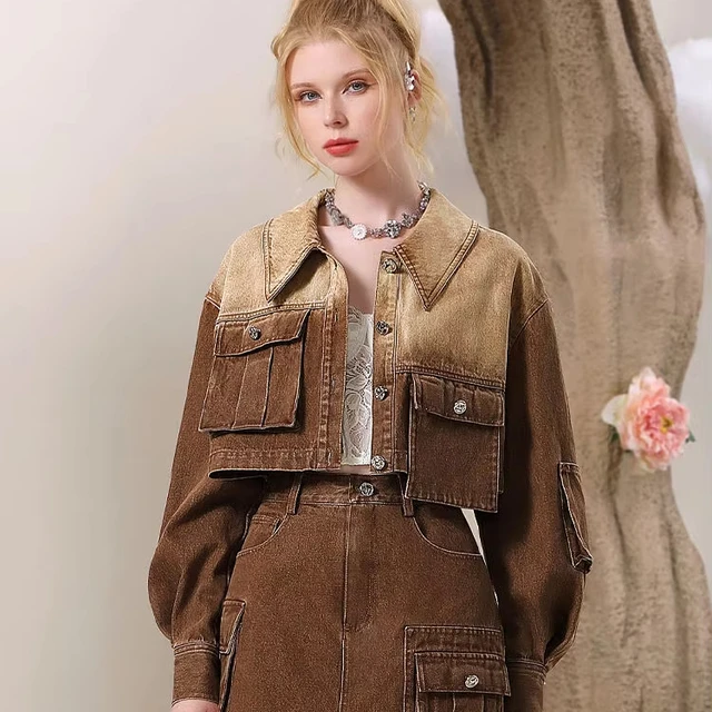 Vintage Brown Women's Short Denim Jacket Set Single Breasted Lapel Women's Jacket Set