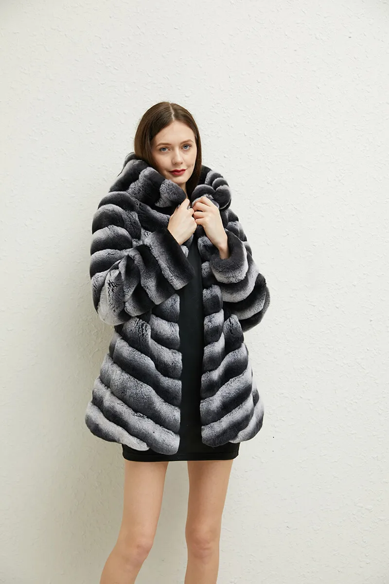 2021 Luxury Real Rex Rabbit Fur Jacket Overcoat Ladies Chinchilla Fashion  Winter Warm Women Hooded Fur Coat