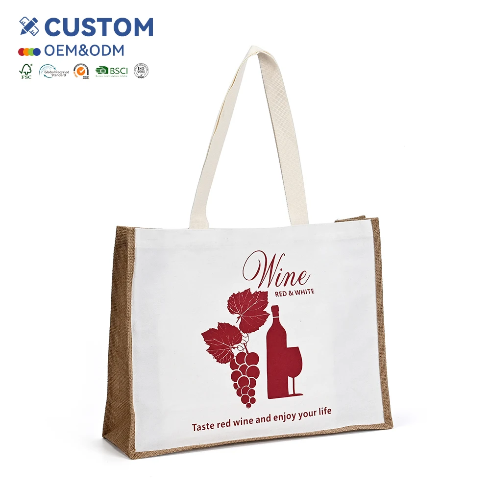 Custom Linen Jute Tote Grocery Shopping Backpack Fashionable Zipper Closure with Cotton Handle Reusable & Logo Printed for Gift factory