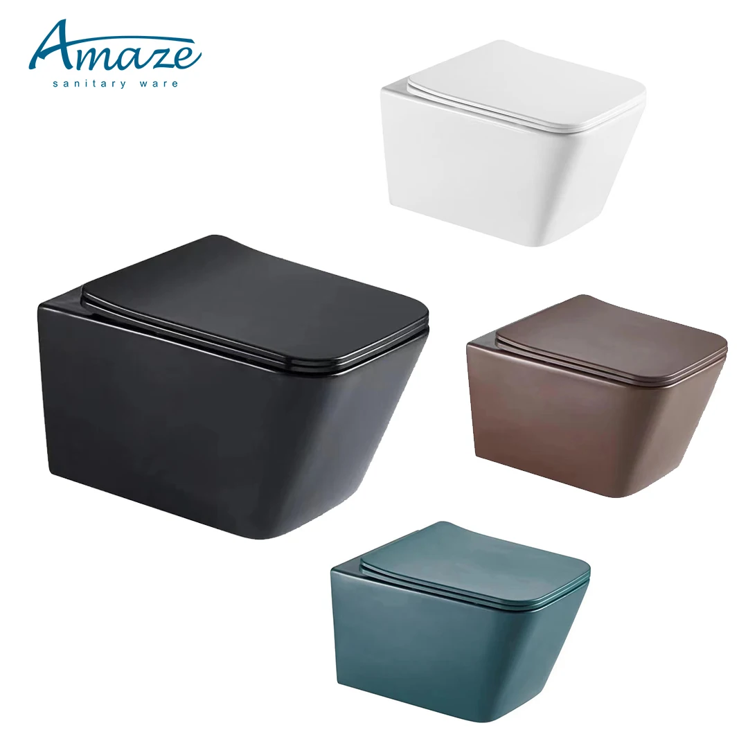 Square matt color high quality modern sanitary ware p trap rimless wall mounted wc ceramic wall hung toilet