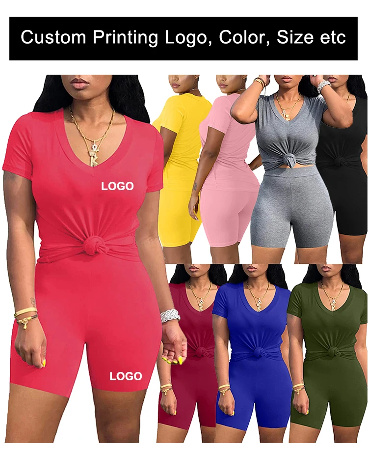 Summer Solid Plain Women Causal V Neck Shirt 2 Two Piece Biker Shorts