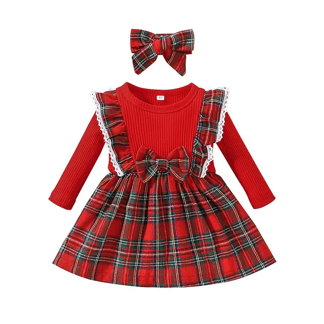 Cross-border girls' long-sleeved dress Autumn winter children's Christmas plaid skirt baby red skirt A-line skirt