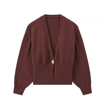 ZATRHMBM Women's 2024 Retro V-Neck Cardigan Sweater Elegant Long-Sleeved Winter Pullover with Buttons New Fashion Casual Style
