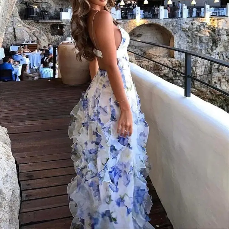 Wholesale Luxury Beautiful Fashionable Clothing ummer Vestido Wanita Clothes Women 2025 exy Elegant Chiffon paghetti trap lip Backless Ruffle Floral