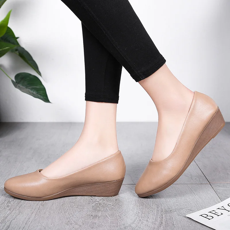 Comfort Black PU Leather Round Toe Wedges Hotel Formal Dress Office Shoes  for Women Ladies