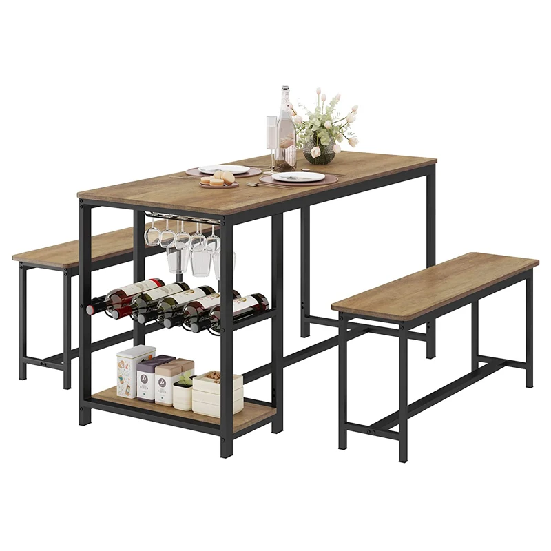 3 Piece Dining Table Set With Two Benches Breakfast Nook Dining Table With Wine Rack And Glass Holder Buy 3 Piece Dining Table Set With Two Benches Breakfast Nook Dining Table With