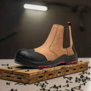 Lightweight Brown Nubuck Steel Toe Rubber Shell Anti-Smash Anti-Puncture Safety Shoes Top Layer Slip-On Chelsea Foot Protection