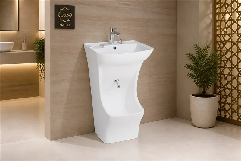 Angular white ceramic wudu basin in a clean halal restaurant washroom