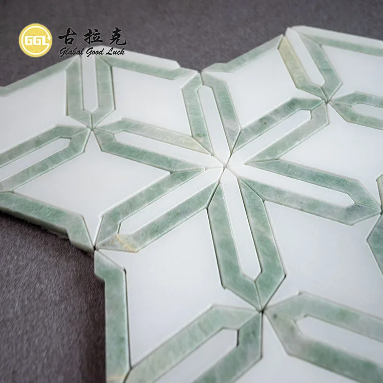 New Design Water Jet White Marble Mosaic Tile Green Stone Edge Mosaic Tile for Interior Decor manufacture