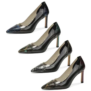 Custom Clear PVC PU Thin Heels Women Snake Print Pattern Pointed Toe Slip-On Comfortable Fashionable Office Shoes Flexible 8.5cm