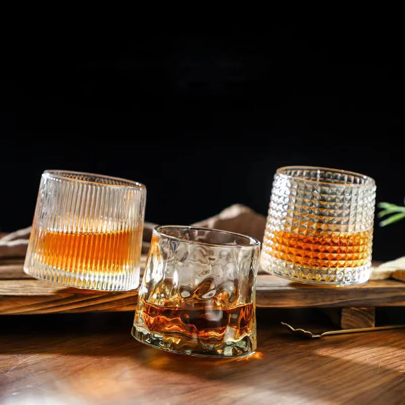 Nordic Design Embossed Transparent Crystal Luxury Rotating Glass Cup  Whiskey Cups with Walnut Ebony Stand for Wine Serving