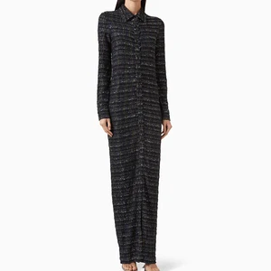 Wisrise Fashion Hot & Stylish Elegant Minimalist Style Black Button Front Tweed Maxi Shirt Dress