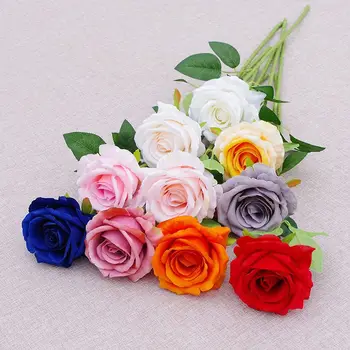 factory price wholesale artificial flower decor red single long stem velvet silk roses for wedding home decoration