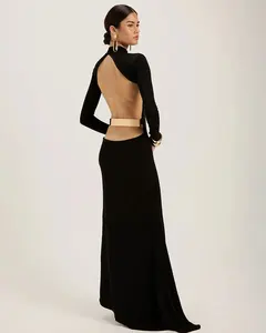 Backless Long Sleeve Sexy Maxi Dress Women Gown Elegant Black Half High Collar Bodycon Club Party Long Dress