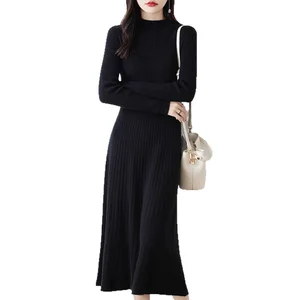 Fashion Lady Crew Neck Long Sleeve Slim Fit Free Size Knitted Print Midi A-Line Breathable Luxury Elegant Dress Sweater
