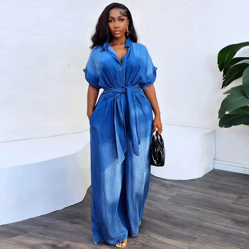 Ladies Casual Denim Jumpsuit With Wide Leg Short Sleeve Oem