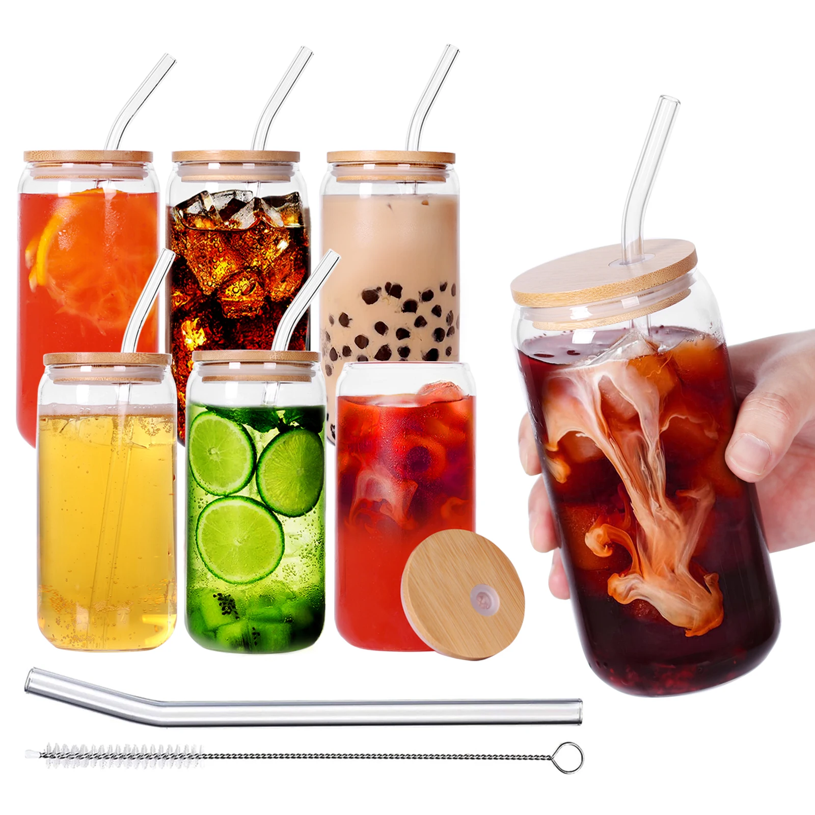 Wholesale Reusable 500ml Borosilicate Glass Can Cup With Bamboo Lid And