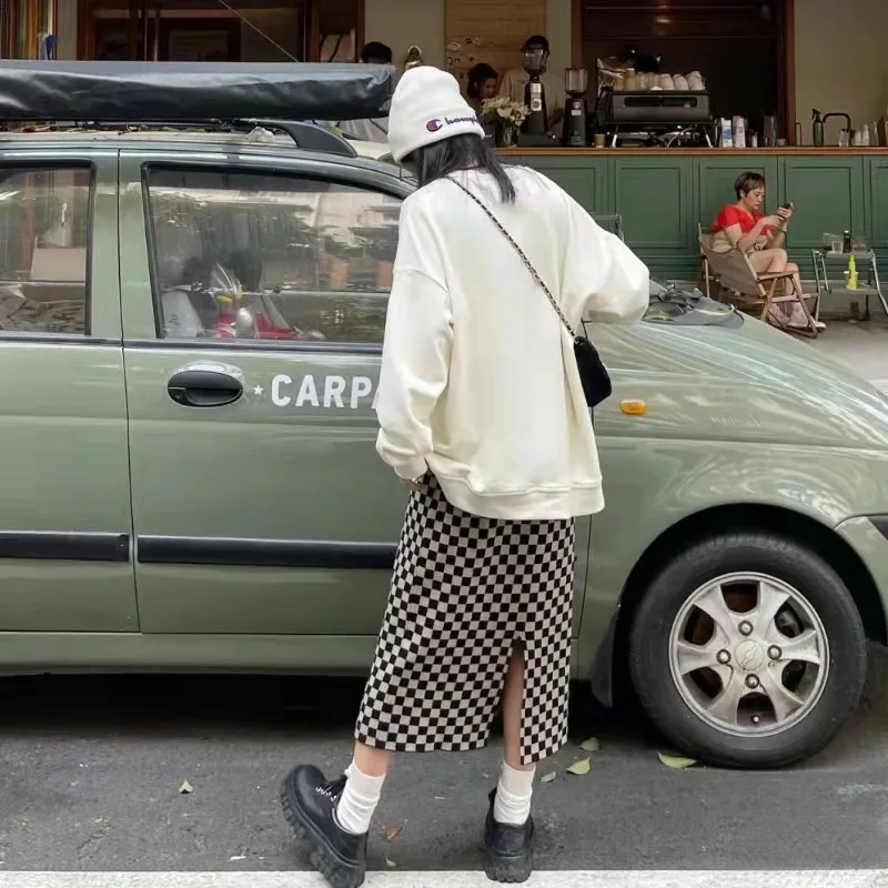 Women's Midi-length Fitness Autumn and Winter Plaid knitted skirt Knitwear High Stretch Girls Skirts