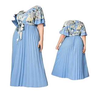 Customize European American Style Floral Pleated Splicing Summer Dress Sizes 44-52 Breathable Eco-Friendly Fashionable Elegant