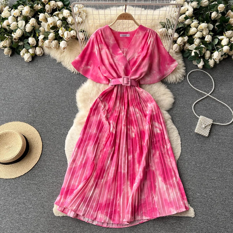 Shop Wholesale 2023 Spring Summer V-Neck Print Pleat Dress