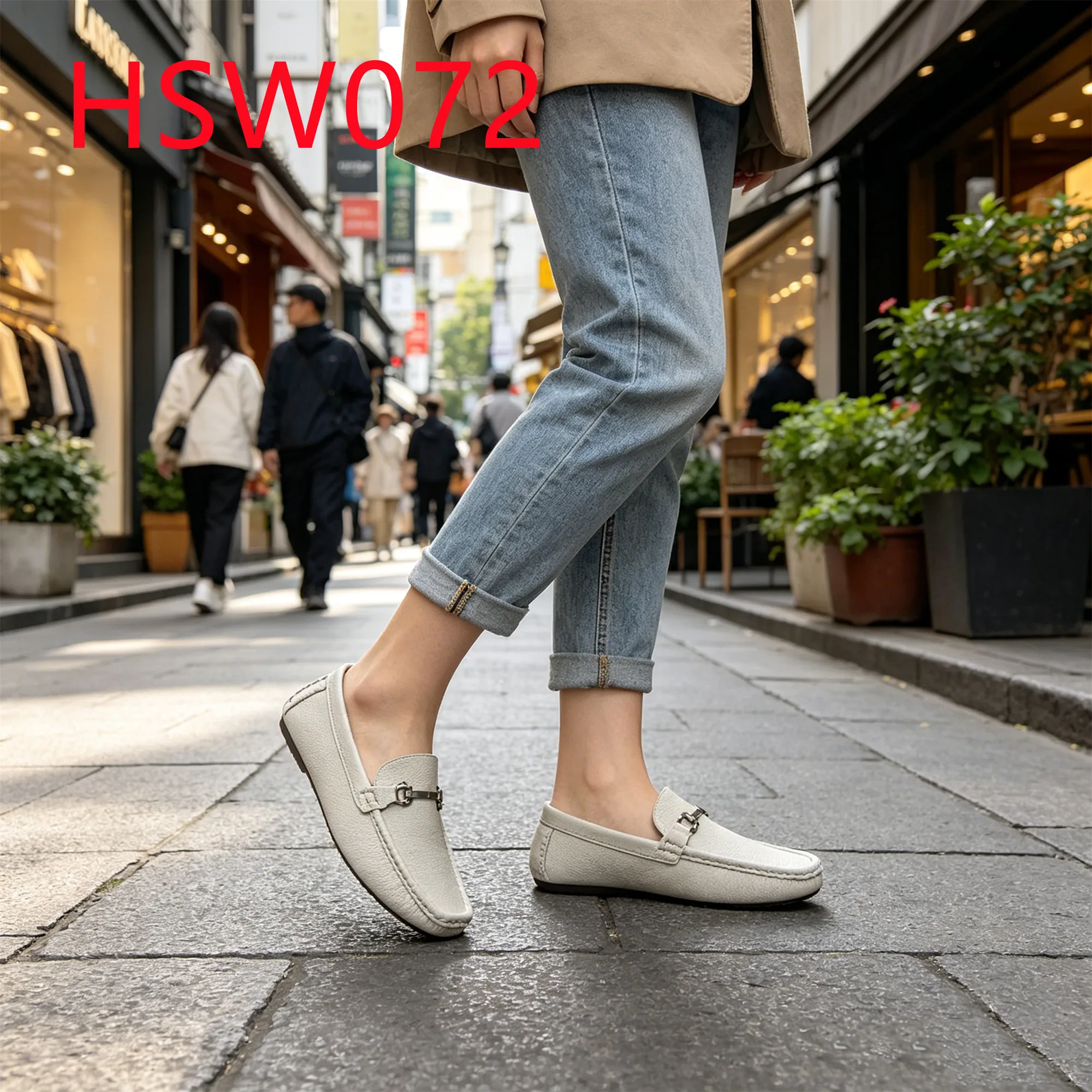 HY,Singapore Popular Top-level Embossed Leather White Boat Shoes Anti-slip Rubber Sole Handmade Relaxed Fit Penny Shoes HSW072