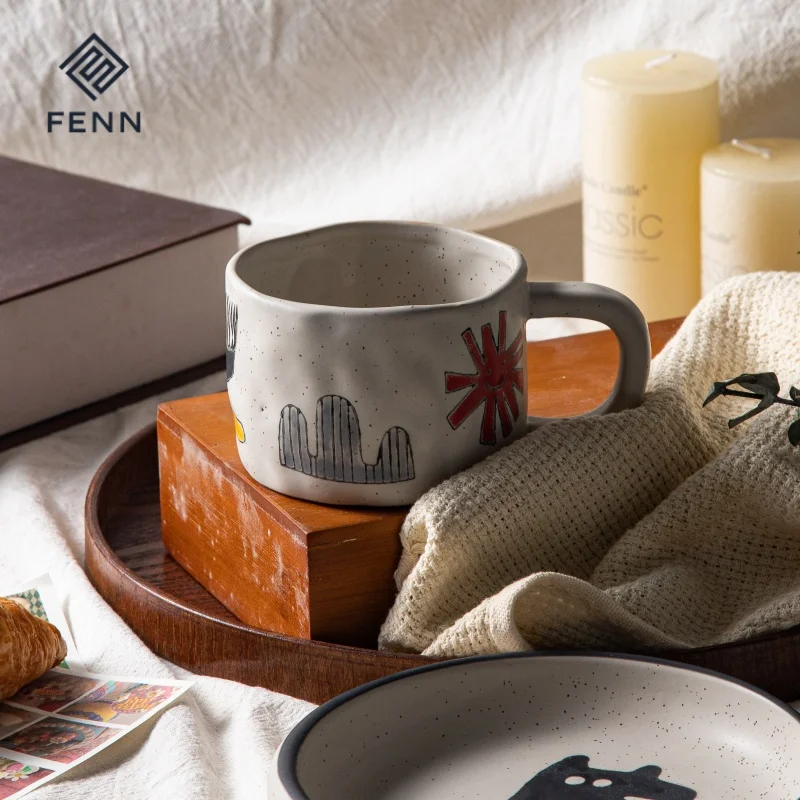 FENN Custom Vintage Country Design Wholesale Handmade Irregular Porcelain Clay Cup Ceramic Coffee Mugs Pottery Cup with Saucer