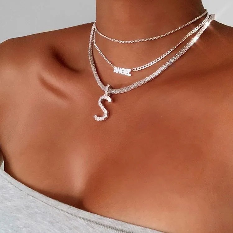 Choker Necklace Diamond Tennis Necklace With Letter Pendant