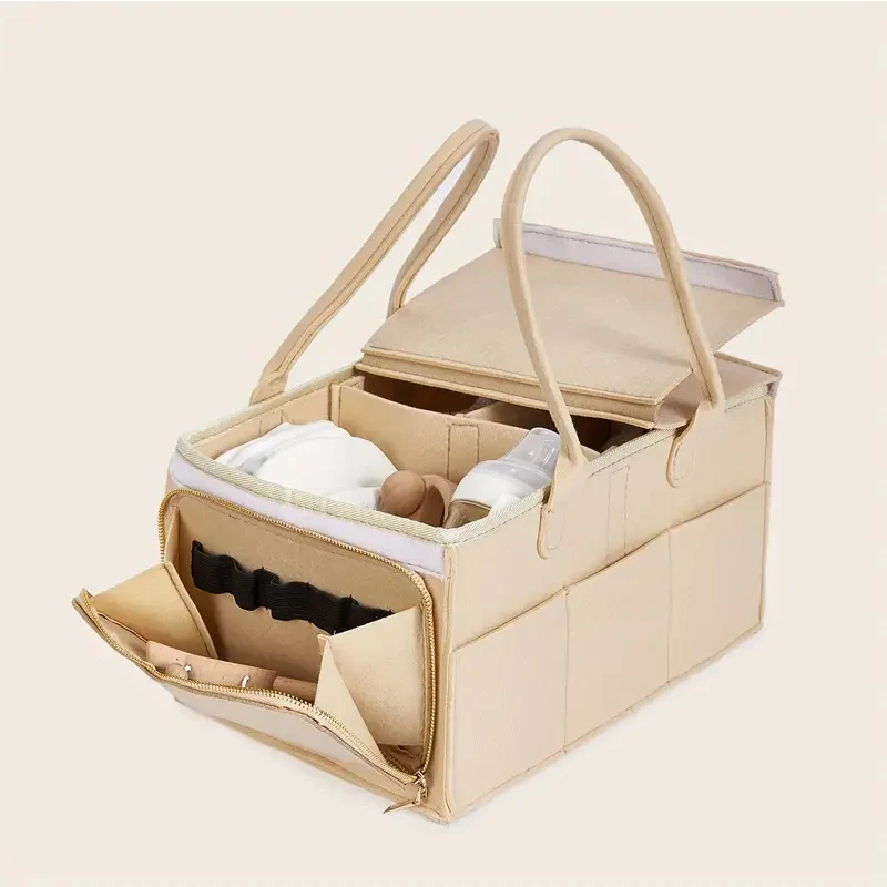 thumbnail image 2 of Nursery Organizer Felt Diaper Caddy Organizer - Gray Nursery Storage Bin With Side Pockets & Leather Handles Felt Diaper Organizer Nursery Storage Bin Gray 2 of 9
