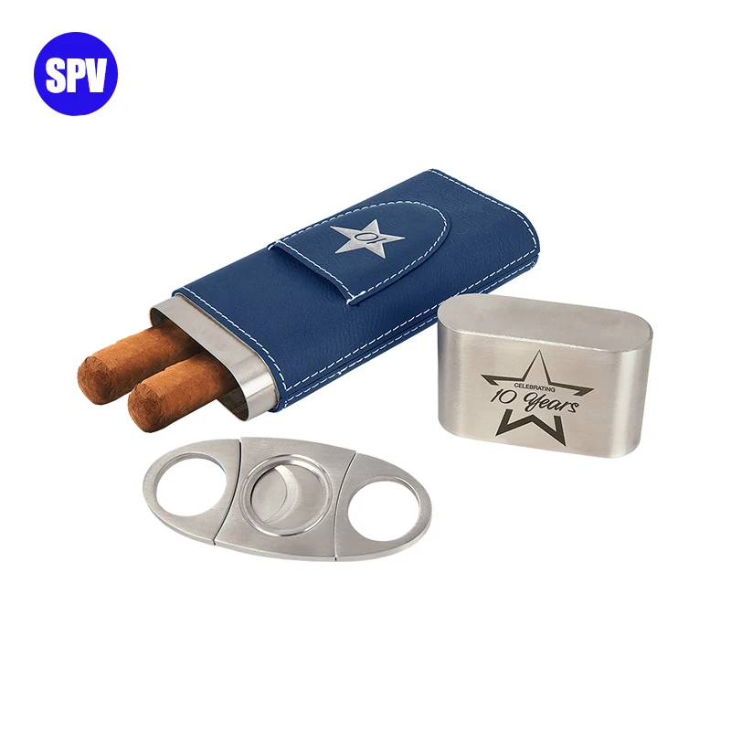 Estuche para cigarros en blanco de cuero sintético con láser azul/plateado con cortador