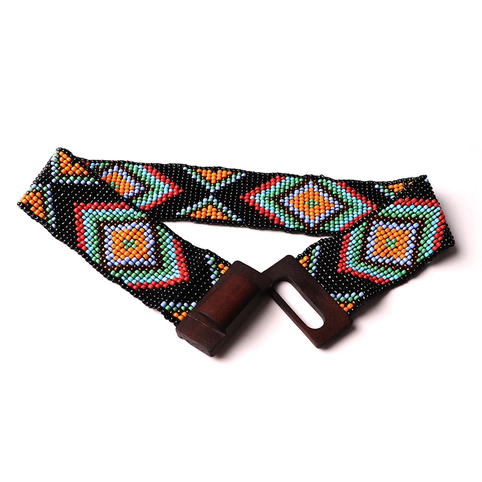 Vintage Hand-made Boho authentic Belt Stretchy Beaded Bali Belt with Wooden Hook Buckle