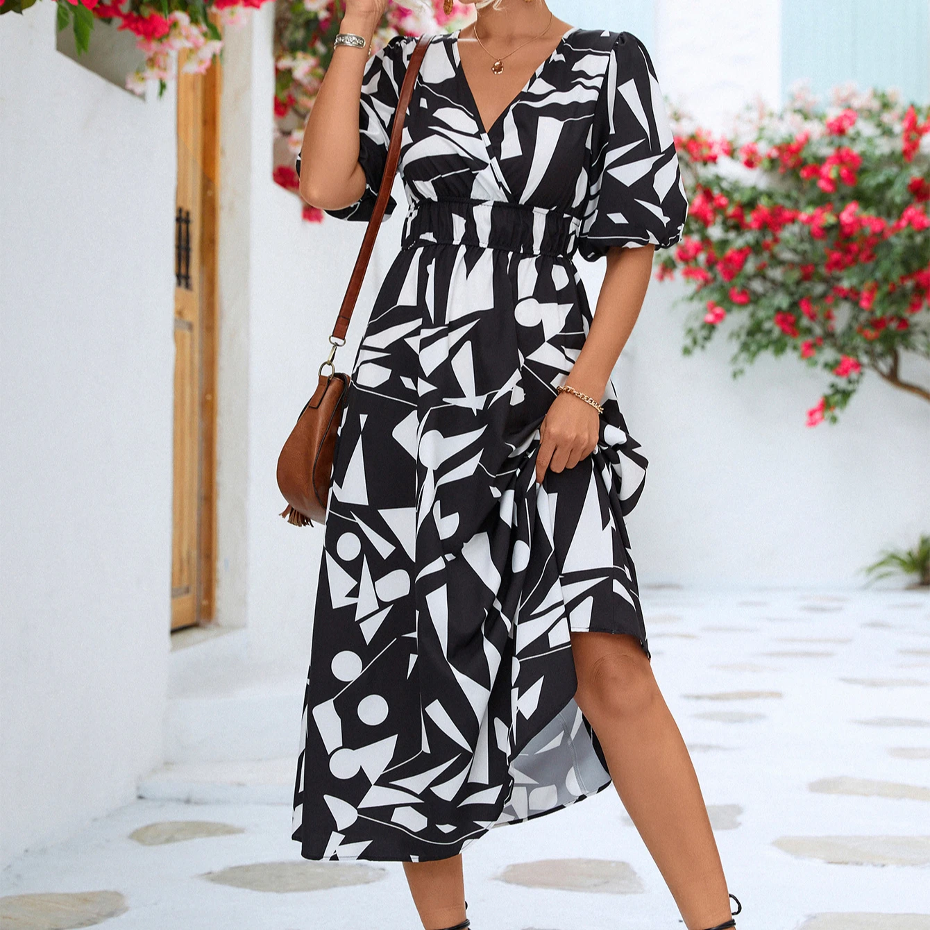 Summer Casual Womens Dresses Women Lady Elegant Getaway Women's Clothing V  Neck Puff Sleeve Ladies Dress