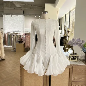 White Ruffled Long Sleeve Mini Dress with Button Front Stylish Featuring Long Flared Sleeves Ruffled Hem Custom Made