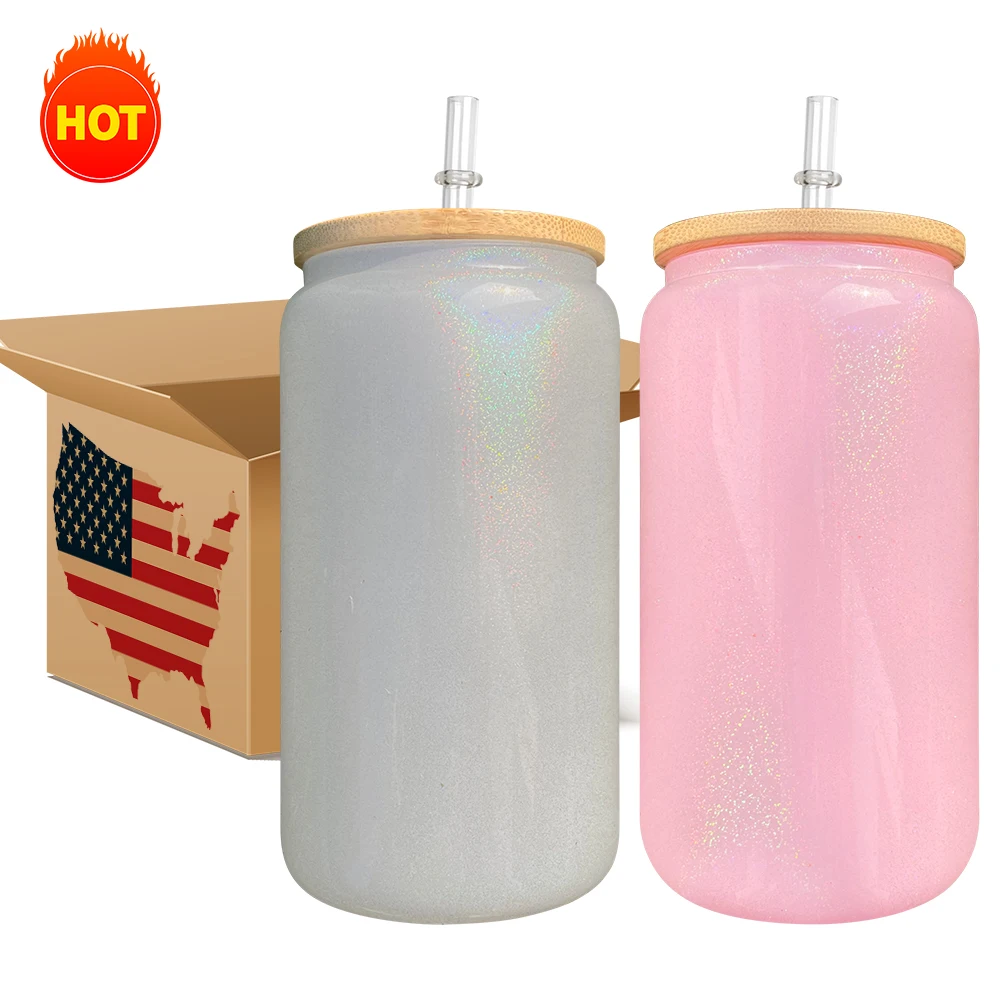 Holographic Shimmer Glitter Blank Sublimation 16 oz Glass Cup Plastic Lid