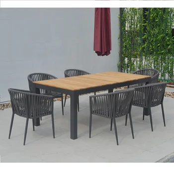 Outdoor Cafe Teak Table Simple Rope Dining Chairs With Cushion Waterproof Seat Outdoor Garden Furniture Sets