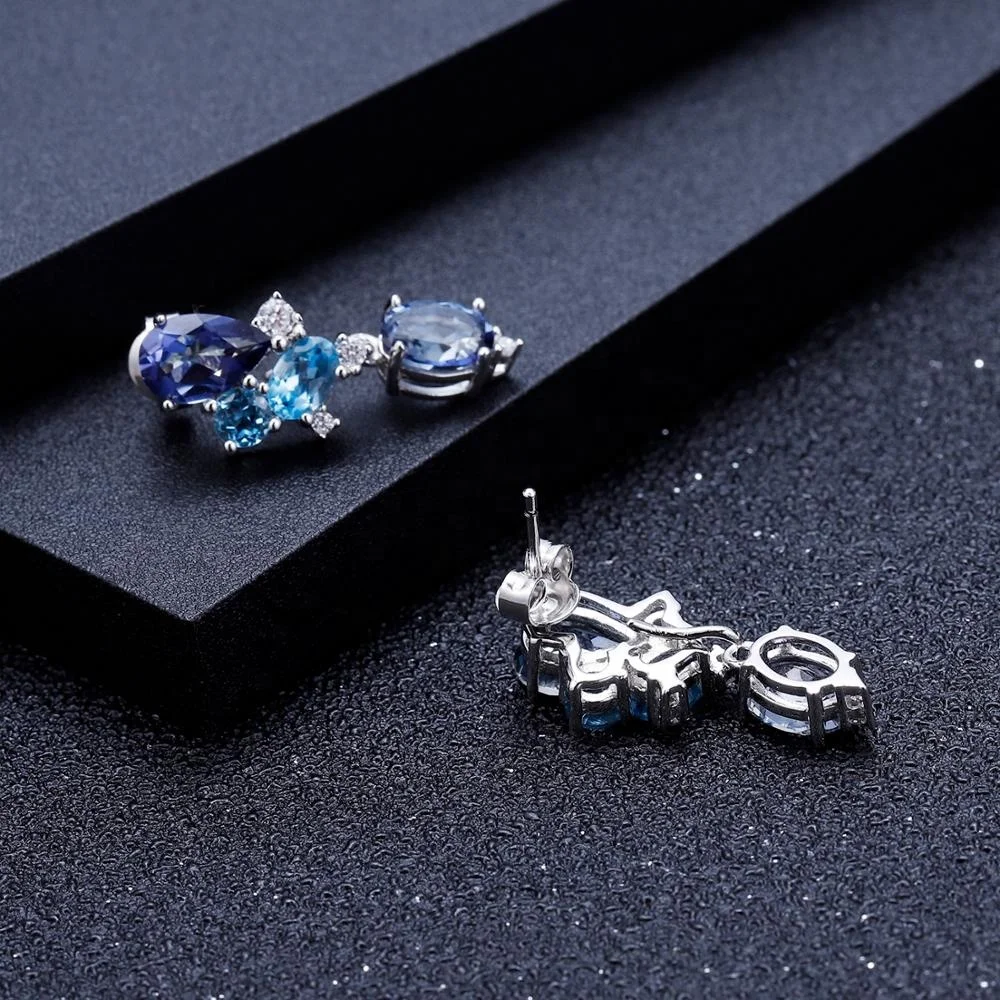 Orecchini Pendenti In Argento Sterling 925 Placcato Oro Con Quarzo Rosa E Topazio Blu - Gioielli Artigianali Con Pietre Naturali, Regalo Significativo