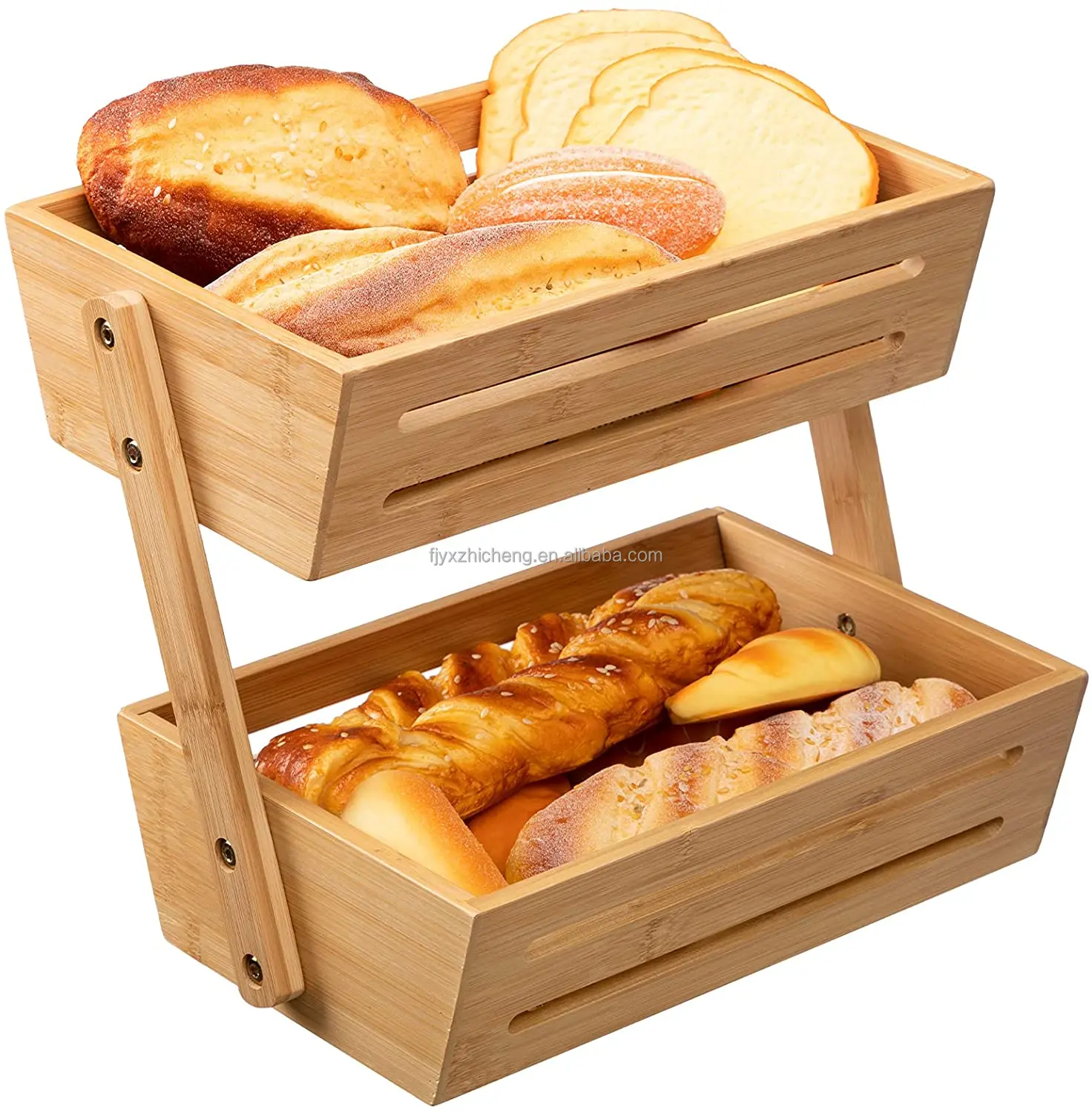 product 2 tier bamboo eco friendly multi functional fruit basket wooden fruit bowl custom storage organizer for home kitchen counter-2