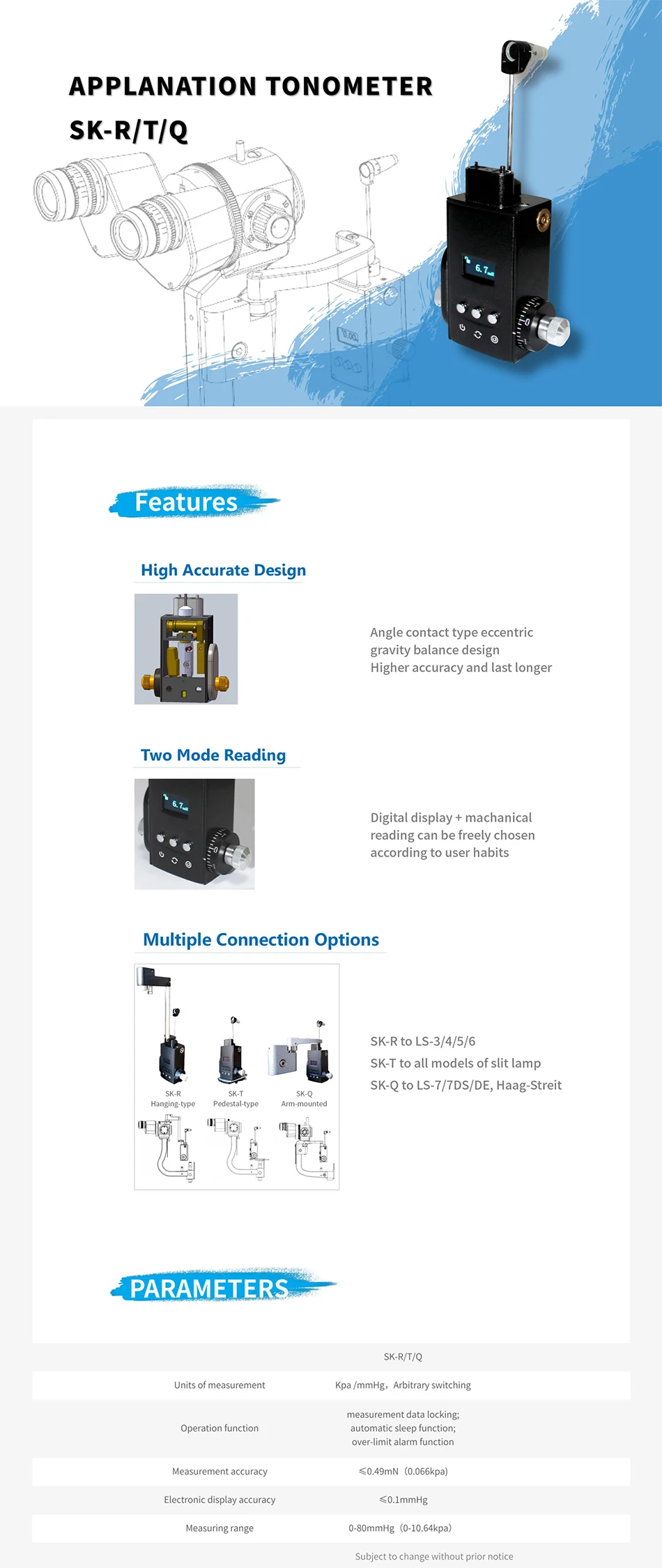 Ophthalmic Equipment CE Best Sale Digital and Mechanical Reading Applanation Tonometer SK-Q/R/T for Slit Lamp