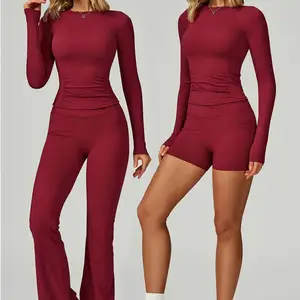 Naked Feel Four-Way Stretch Elastic Waist Long Sleeve Yoga Set High Waist Slim Fit Running Gym Outfit Breathable Athletic Wear