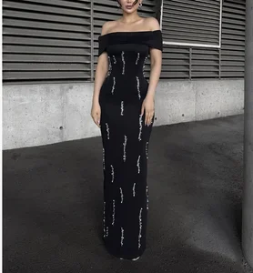 Elegant Women Black Bandage Maxi Evening Dresses Off the Shoulder Wedding Party Dress Beading Mermaid Prom Gowns