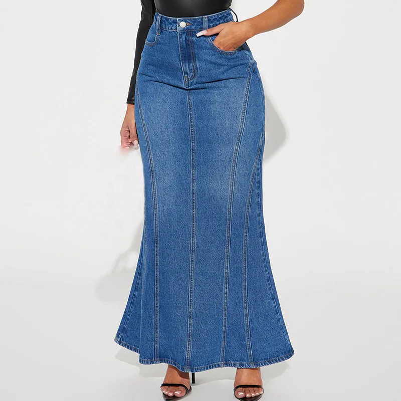 Modern Denim Casual Pockets Women Long Jeans Skirt Sexy Women Long Jean Skirts