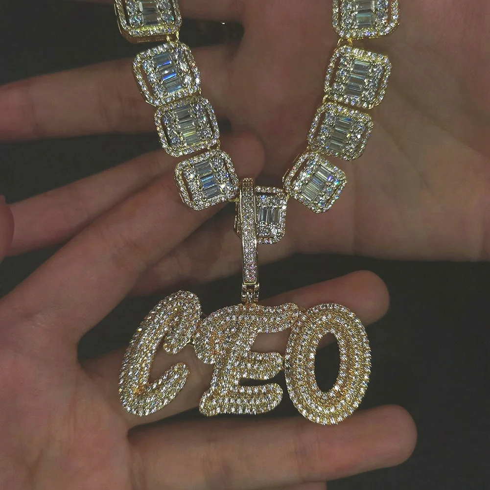 Square Tennis Chain Cursive Letter Iced Out Personalized Nameplate Bling Necklace Custom Diamond Name Pendant