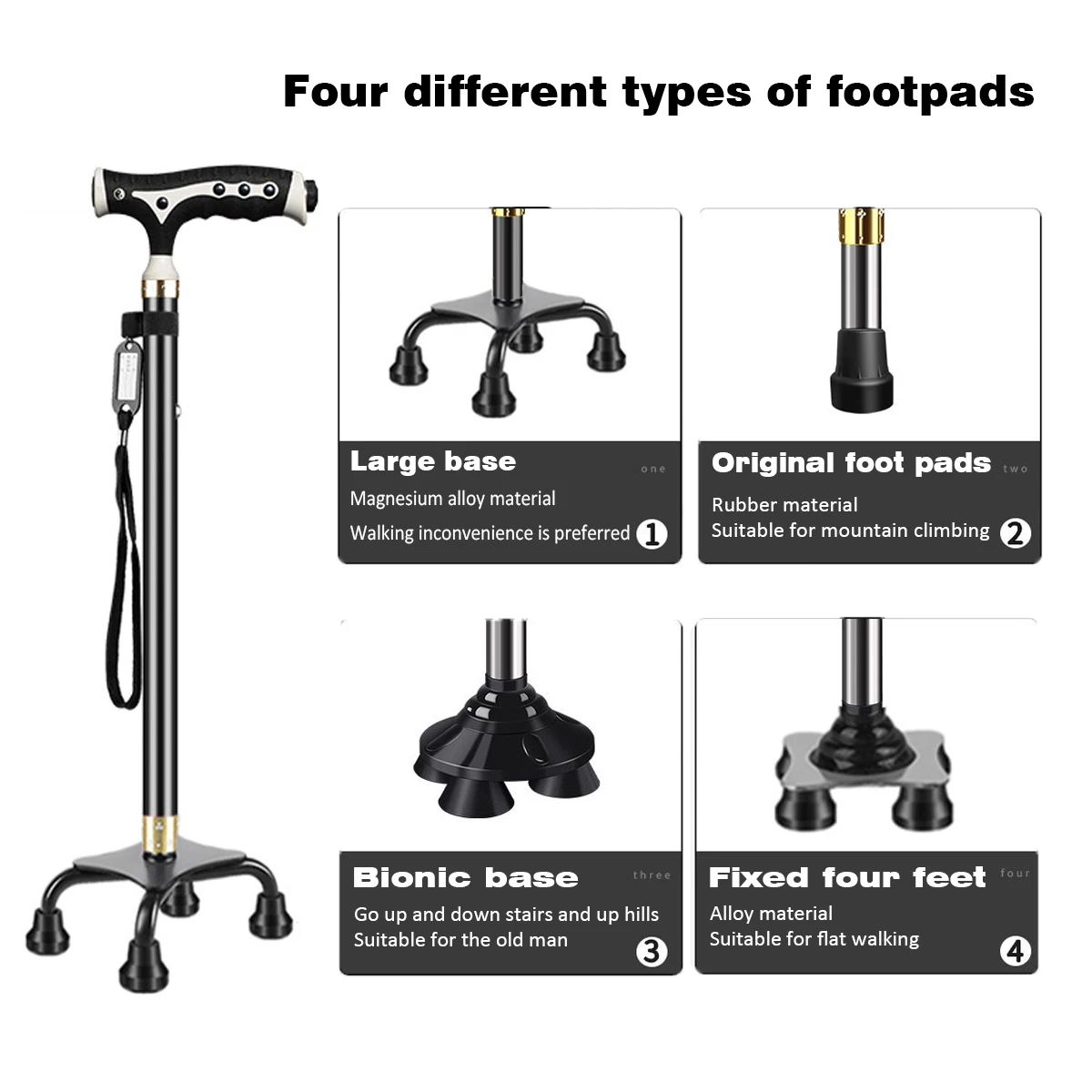 Adjustable Walking Stick with Led Light Detachable Base Old Man Elderly Walking Cane