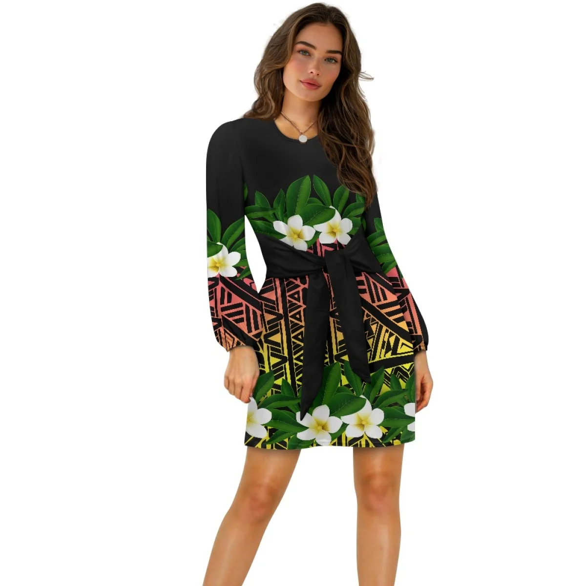 midi plus size hawaiian dress Plus Size Tropical Leaf Hibiscus Flower Print Split Hawaii Midi Dress