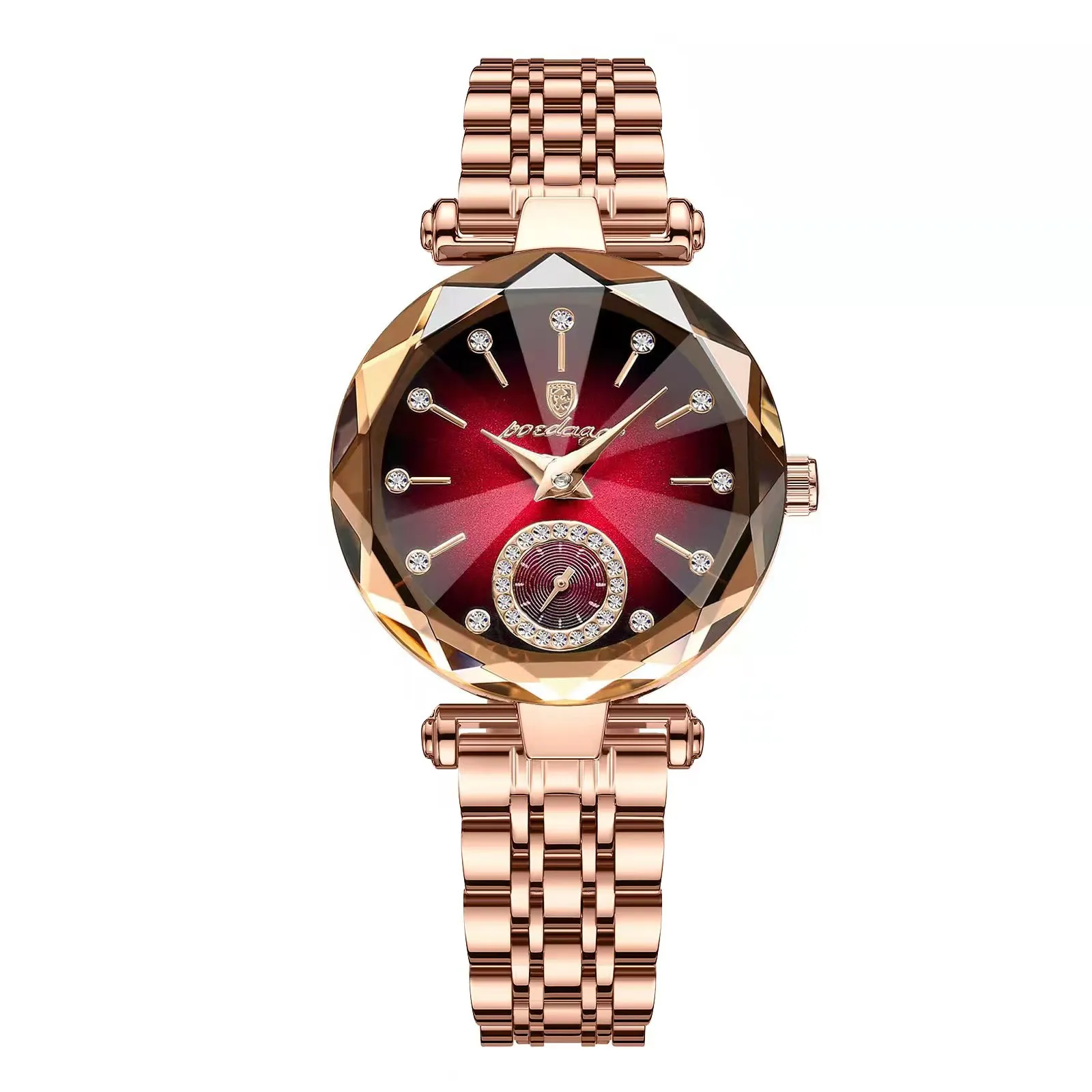 Women Rose Gold Stainless Steel Band Red Dial Quartz Small Face Waterproof Watch Facet Bordeaux Dial Women main image 2
