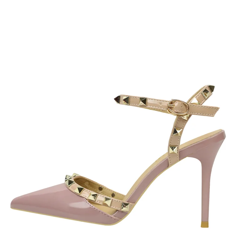 Slotted Tape WithPatent Leather Pointed Rivethigh Heels